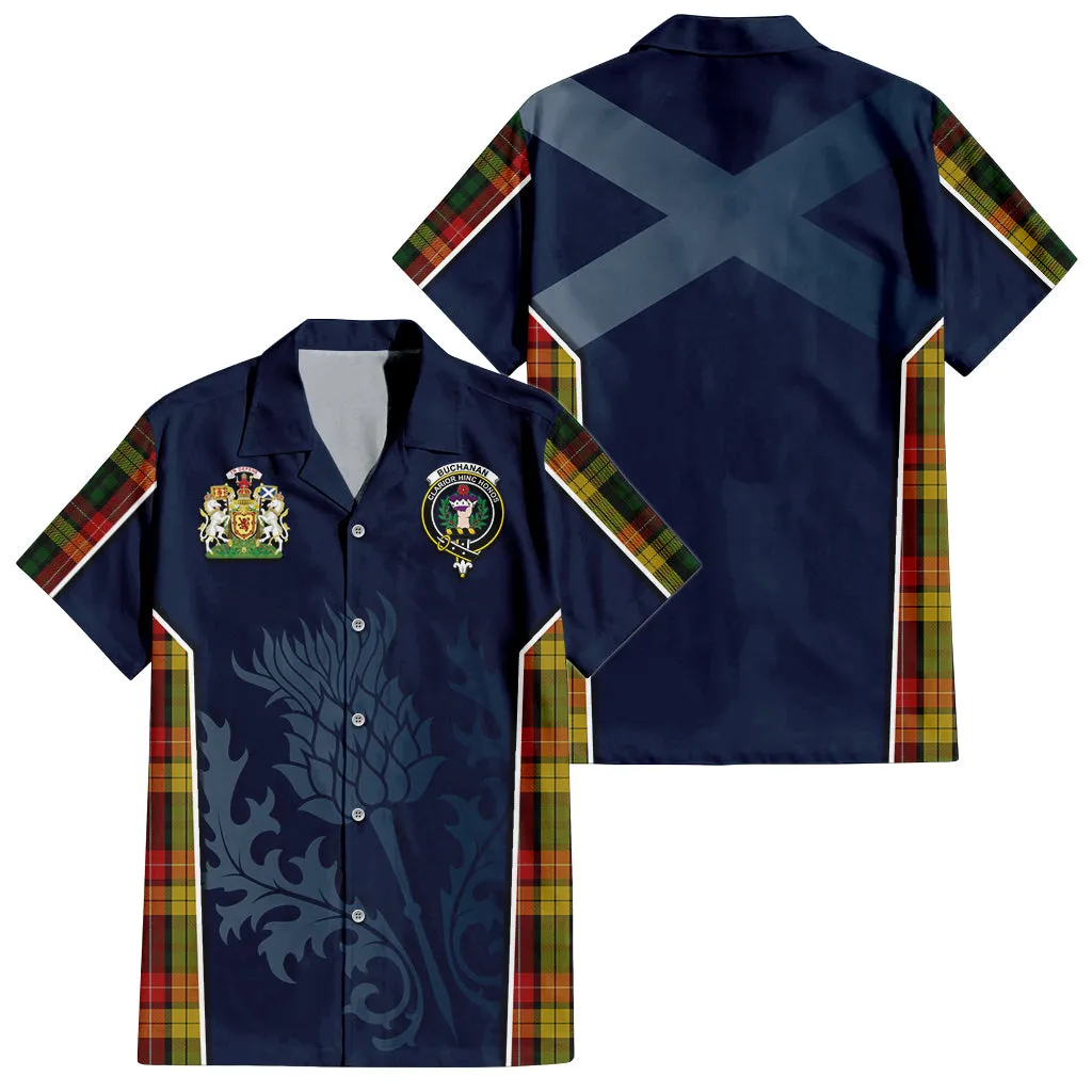 Buchanan Tartan Short Sleeve Button Up Shirt with Family Crest and Scottish Thistle Vibes Sport Style