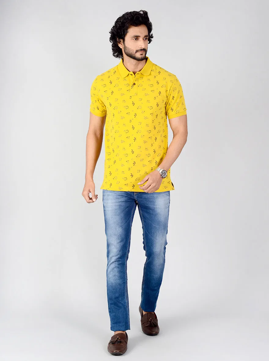 Burnt Yellow Printed Slim Fit Polo T-shirt | Greenfibre