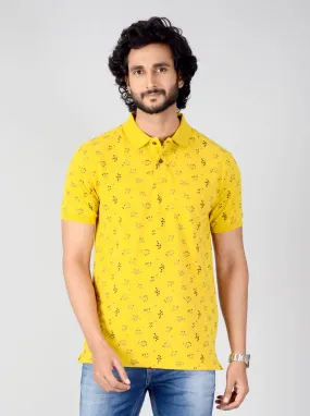 Burnt Yellow Printed Slim Fit Polo T-shirt | Greenfibre