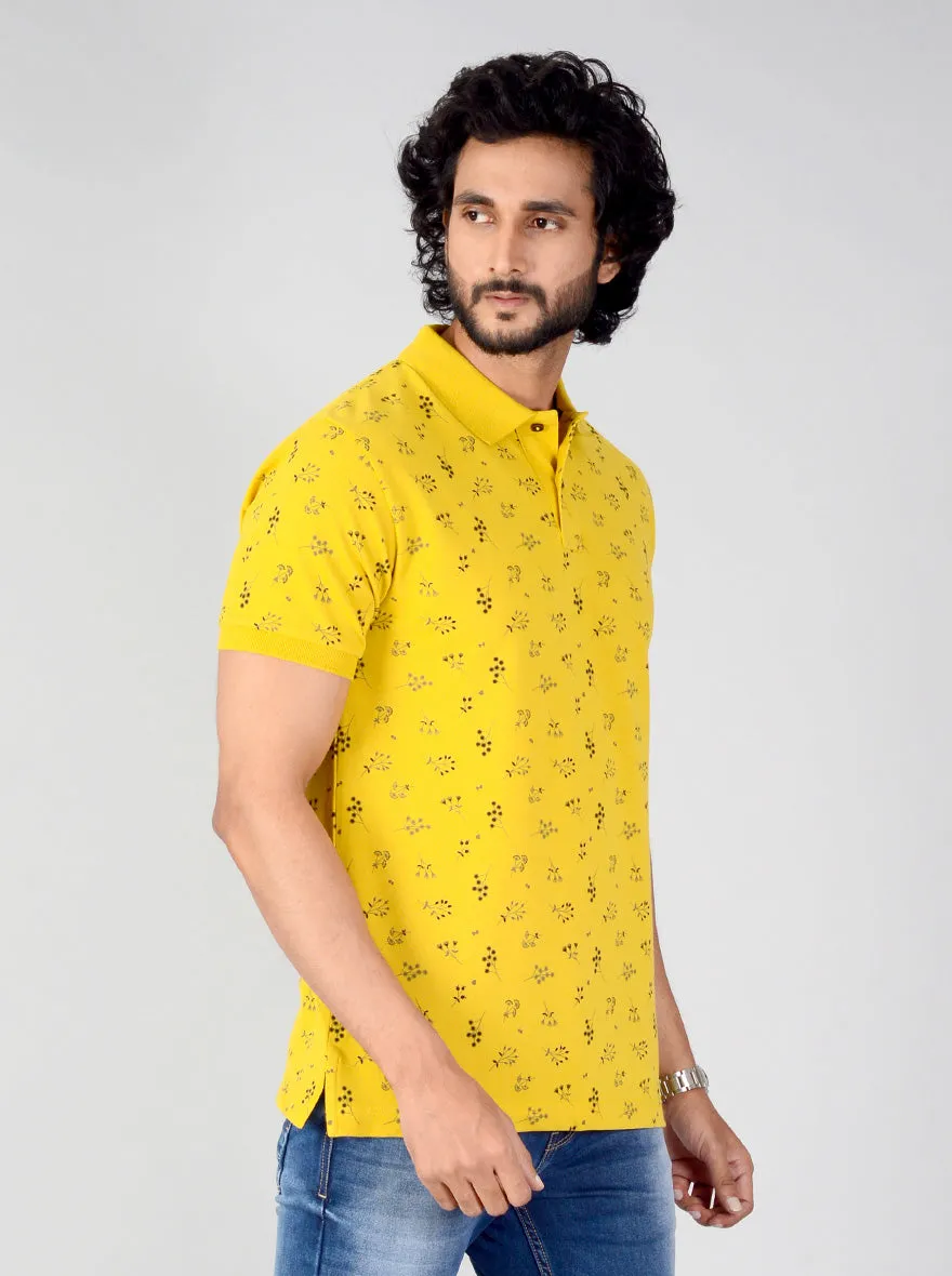 Burnt Yellow Printed Slim Fit Polo T-shirt | Greenfibre