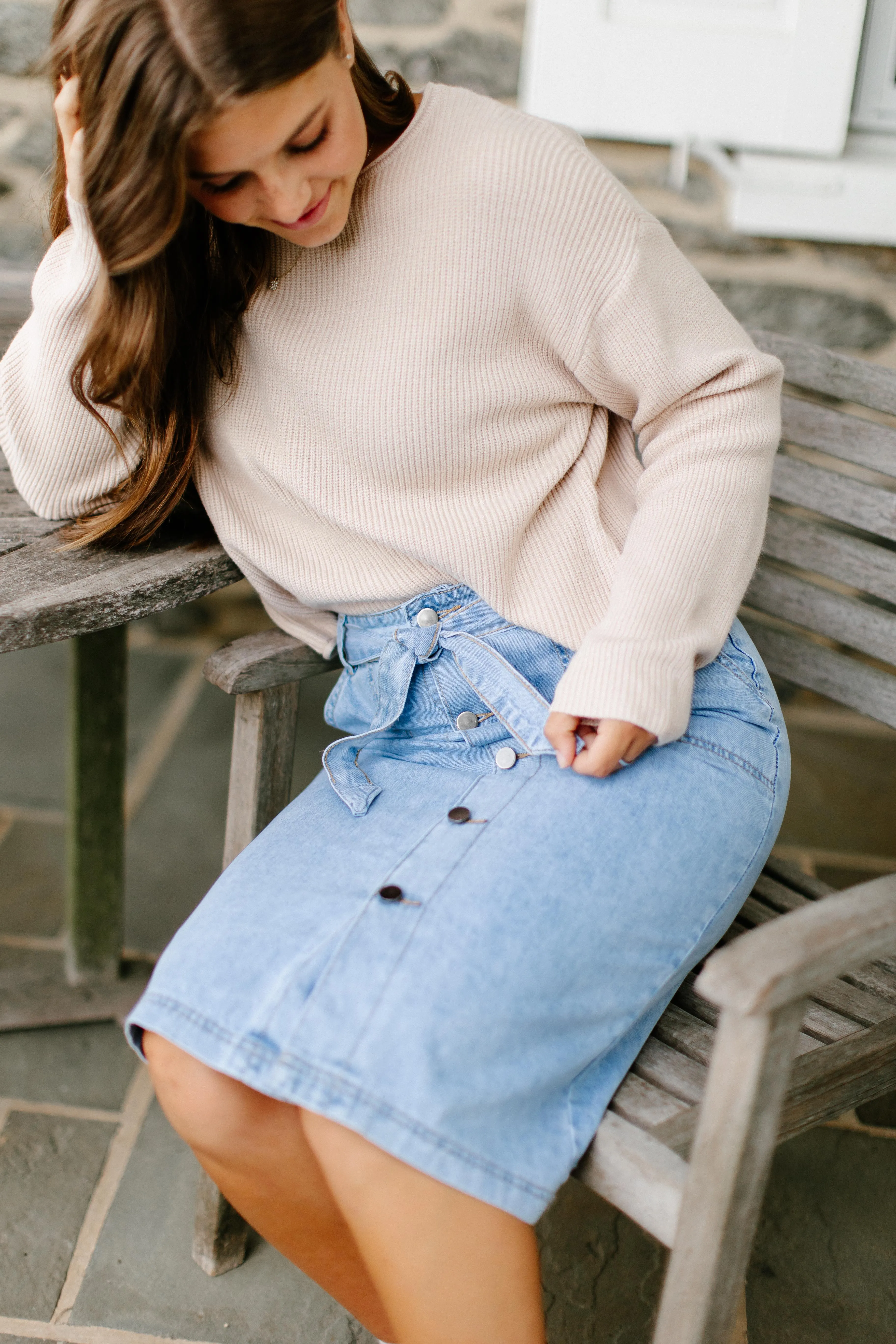 'Cassidy' Button Down Tie Waist Denim Skirt in Light Wash