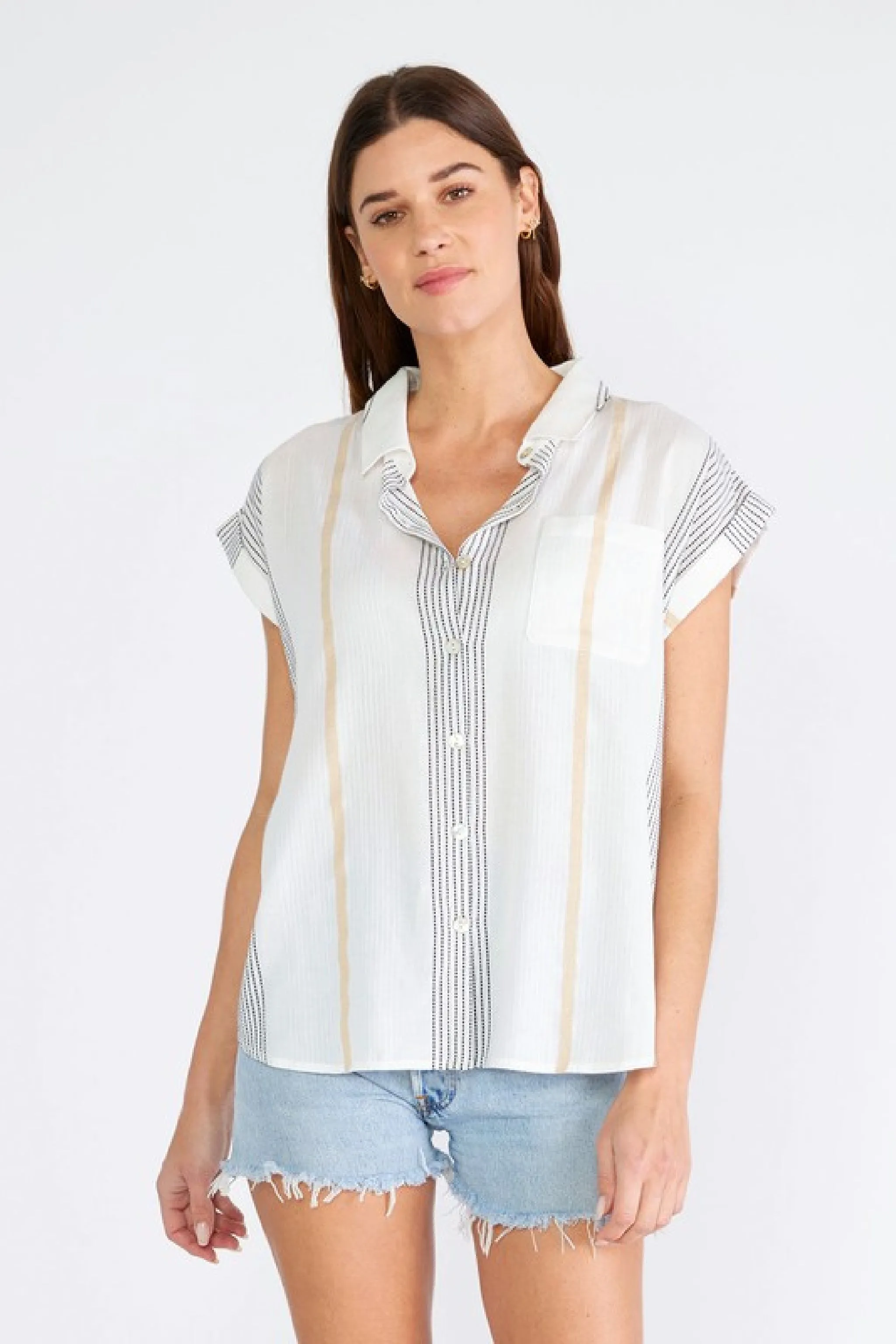 Charli Short Sleeve Stripe Print Button Down Top White