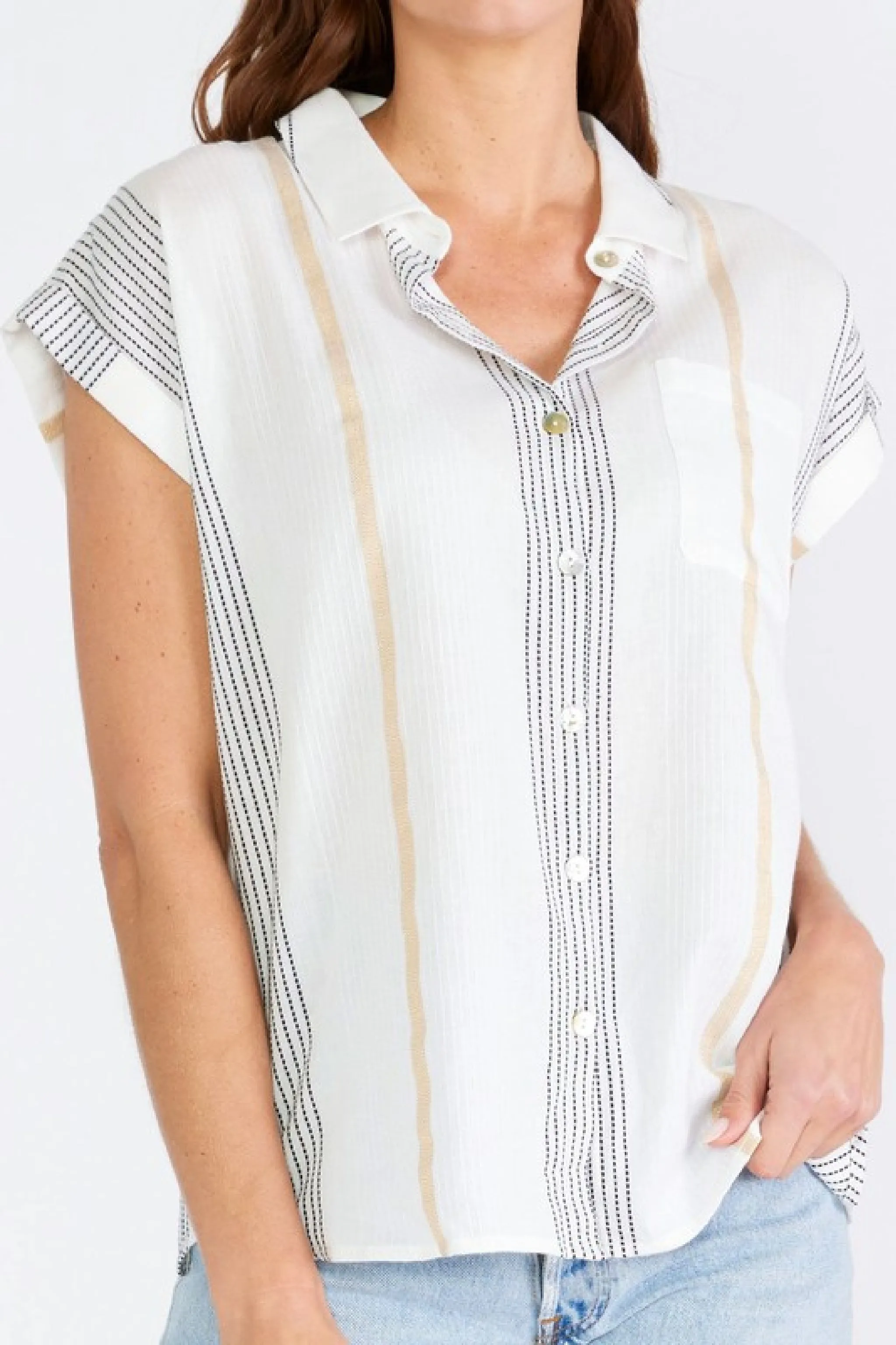 Charli Short Sleeve Stripe Print Button Down Top White