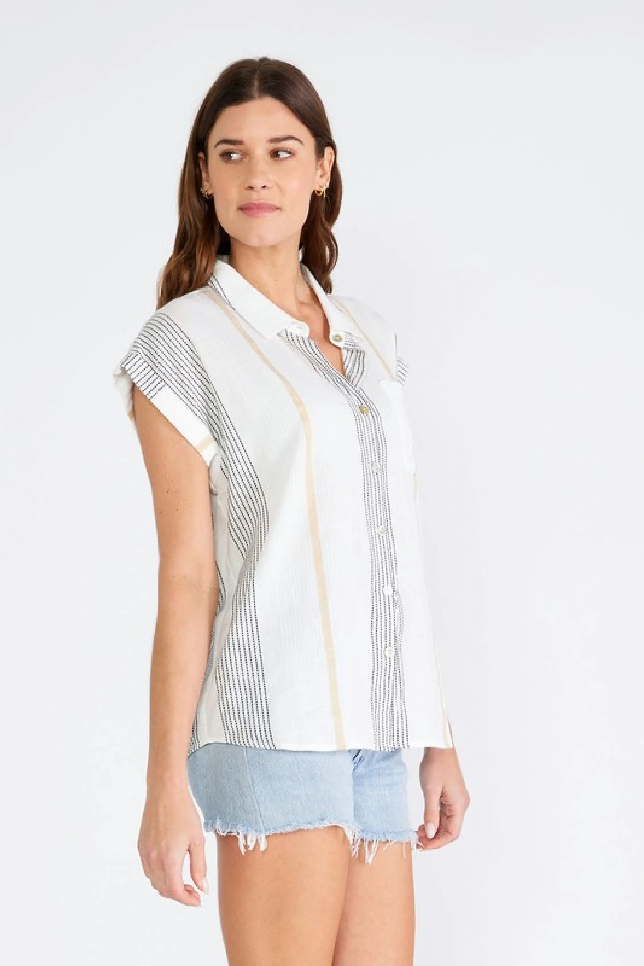 Charli Short Sleeve Stripe Print Button Down Top White