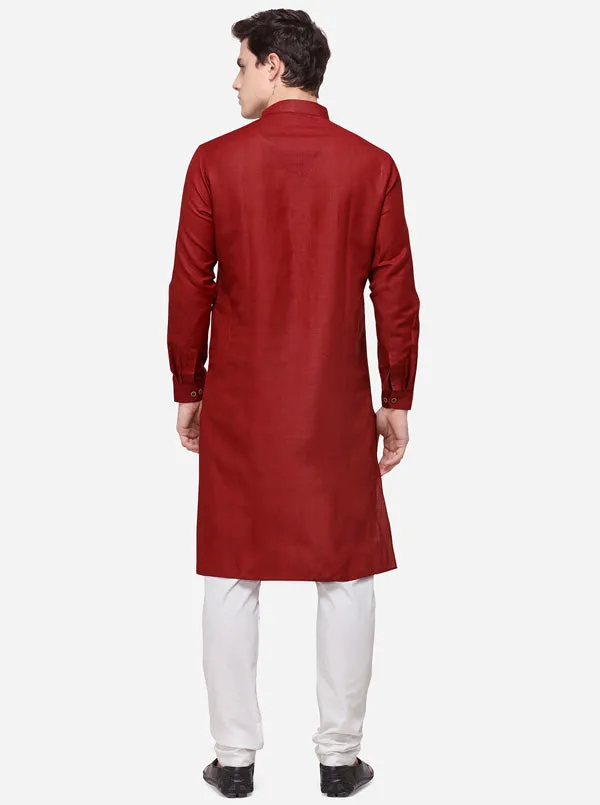 Chili Red Self Textured Regular Fit Modi Kurta | JadeBlue