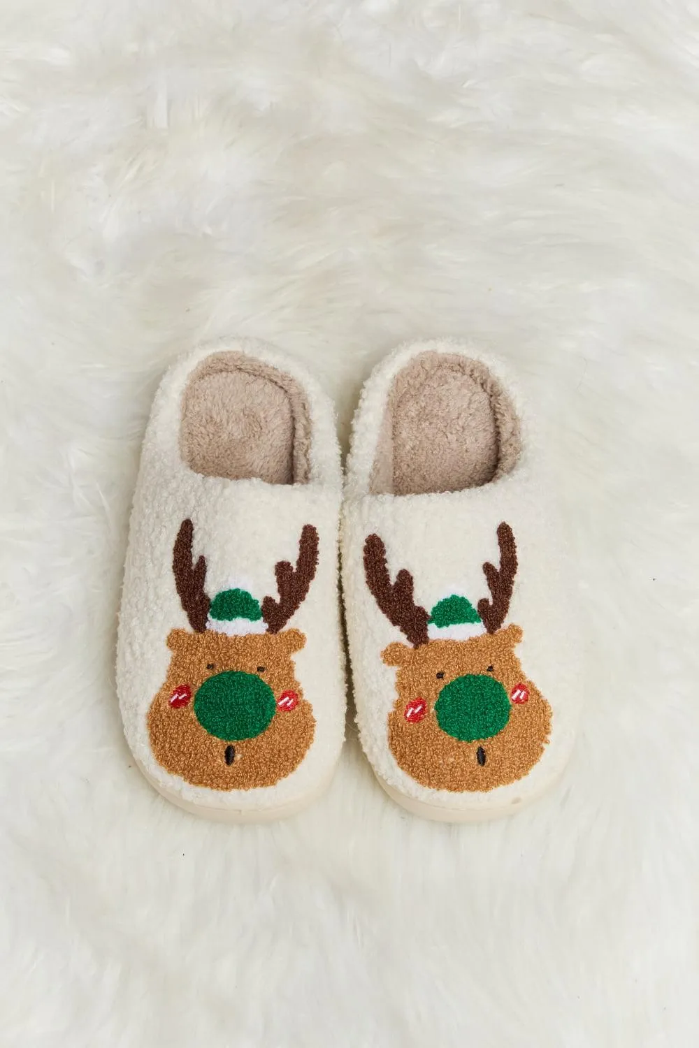 Christmas Rudolph Print Plush Slide Slippers