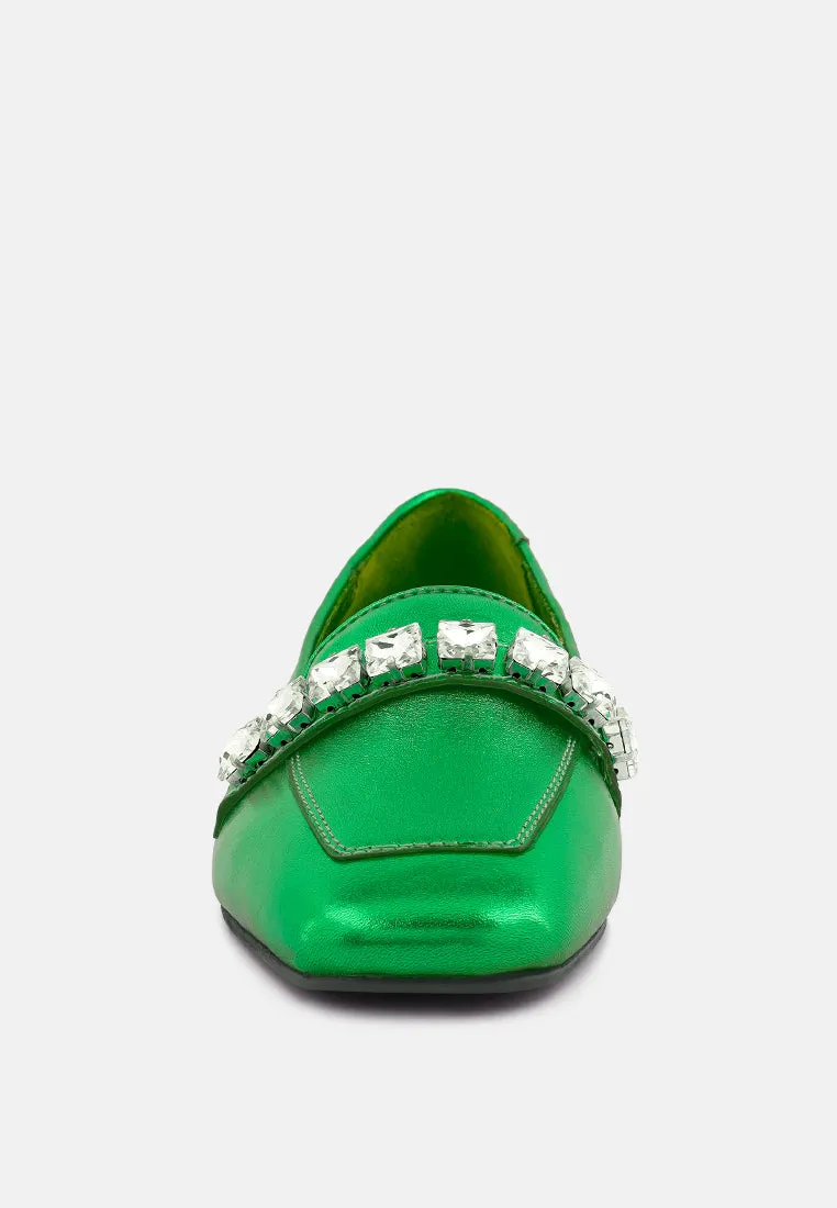 Churros Green Metallic Diamante Leather Loafers