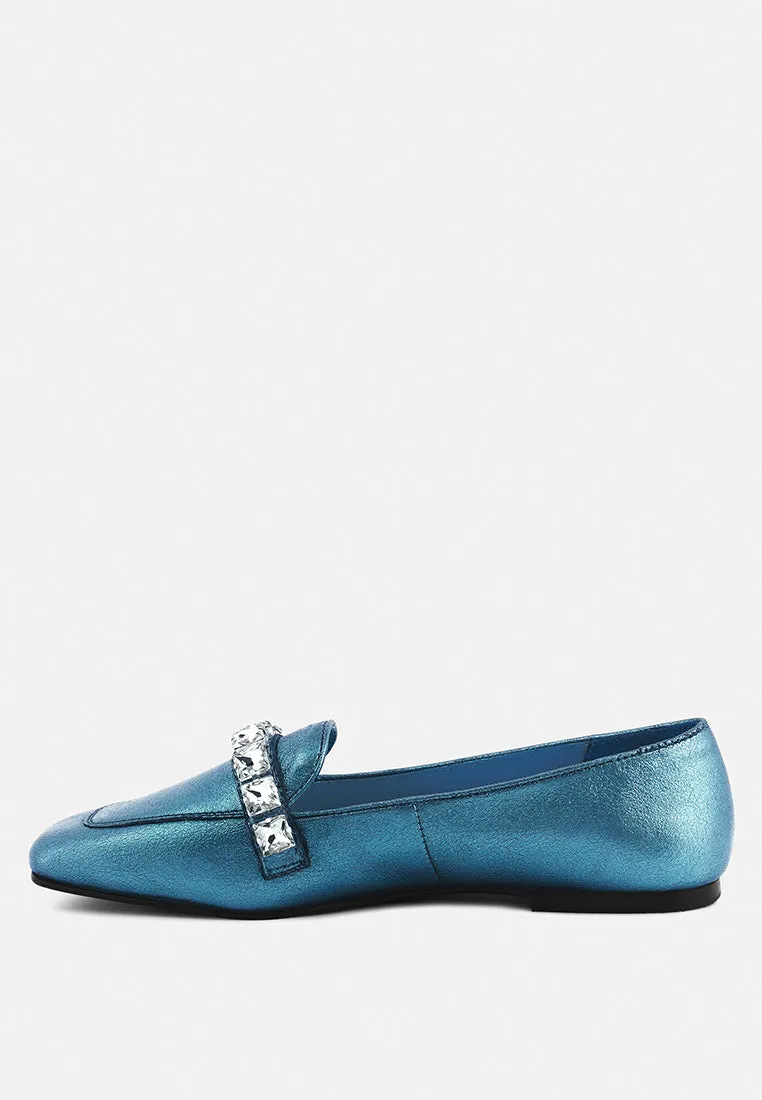 Churros Green Metallic Diamante Leather Loafers