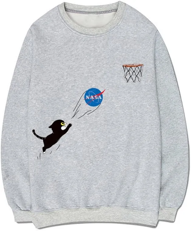 CORIRESHA Fall Cute Cat Crewneck Long Sleeves Casual Cozy NASA Sweatshirt