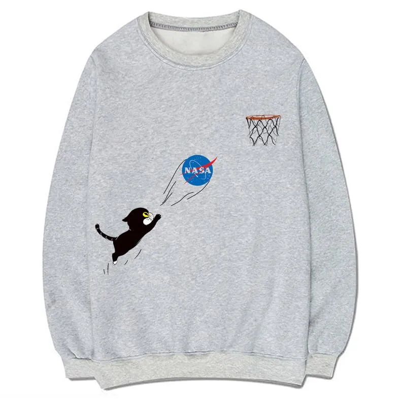 CORIRESHA Fall Cute Cat Crewneck Long Sleeves Casual Cozy NASA Sweatshirt