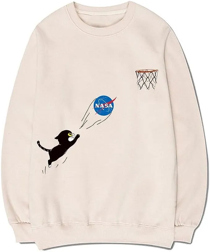 CORIRESHA Fall Cute Cat Crewneck Long Sleeves Casual Cozy NASA Sweatshirt