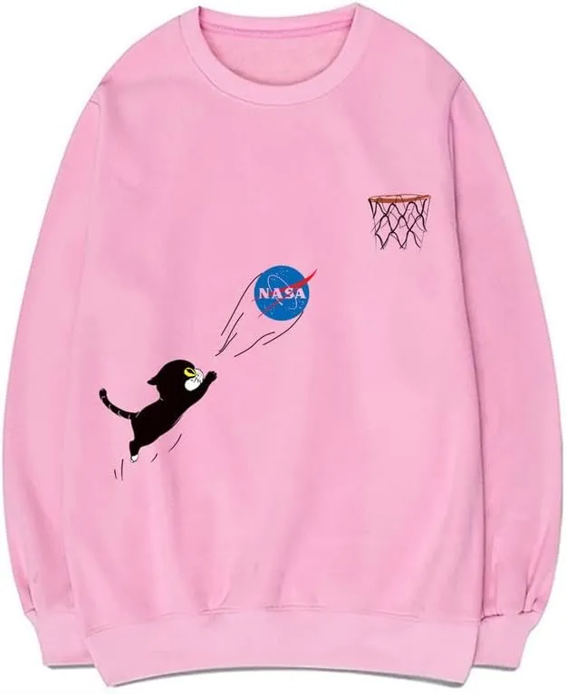 CORIRESHA Fall Cute Cat Crewneck Long Sleeves Casual Cozy NASA Sweatshirt