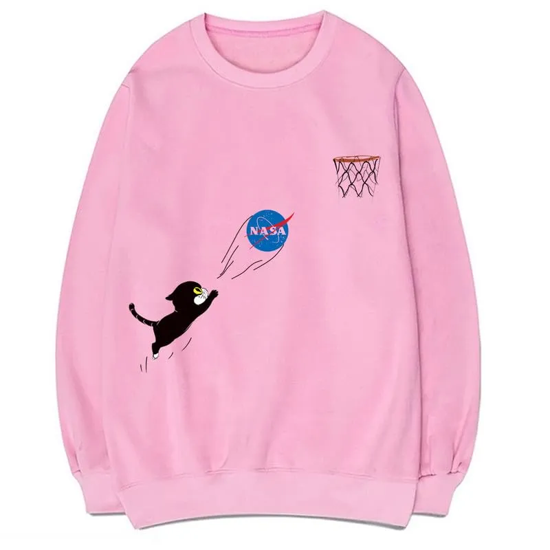 CORIRESHA Fall Cute Cat Crewneck Long Sleeves Casual Cozy NASA Sweatshirt