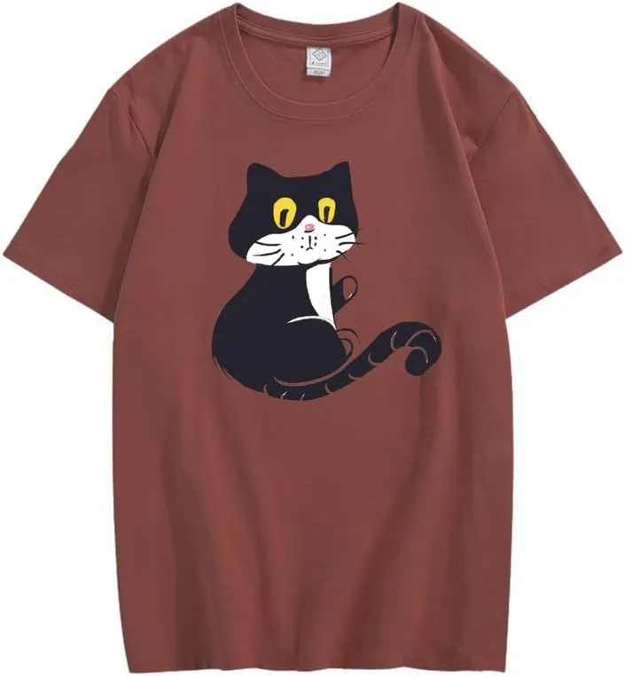 CORIRESHA Teen Cat T-Shirt Round Neck Short Sleeves Loose Soft Cozy Cute Tops