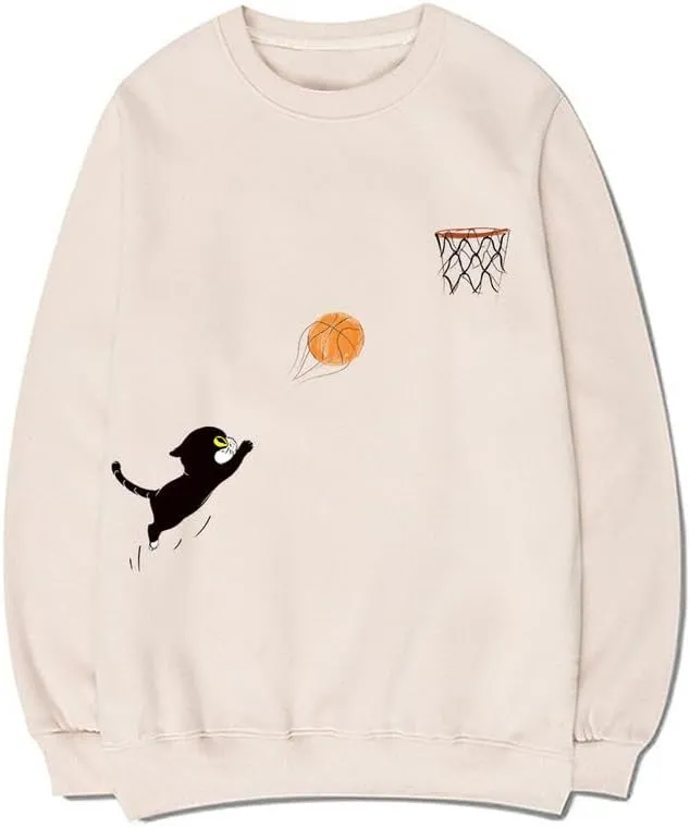 CORIRESHA Teen Cute Cat Basketball Crew Neck Long Sleeves Cozy Cotton Fall Sweatshirt