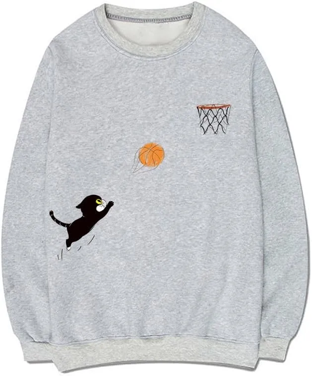 CORIRESHA Teen Cute Cat Basketball Crew Neck Long Sleeves Cozy Cotton Fall Sweatshirt