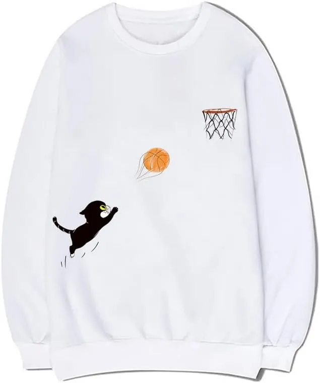 CORIRESHA Teen Cute Cat Basketball Crew Neck Long Sleeves Cozy Cotton Fall Sweatshirt