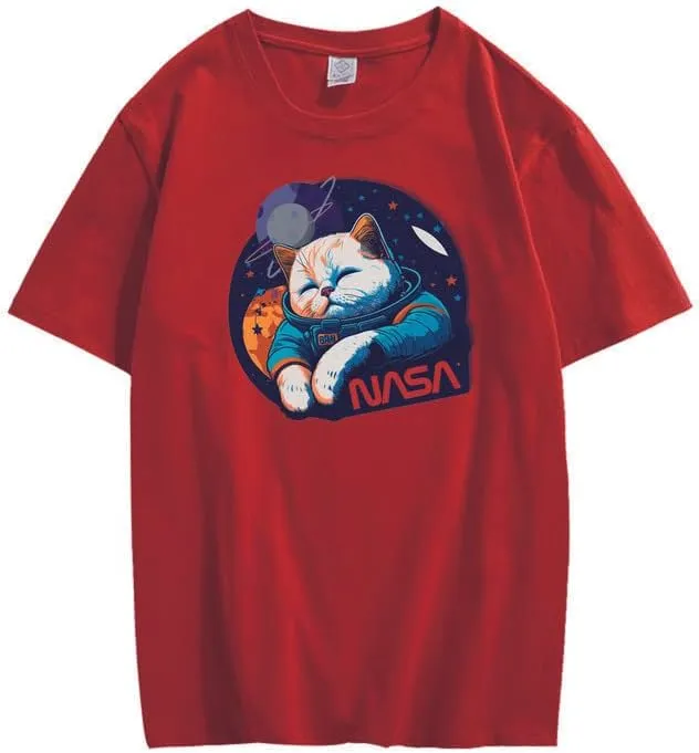 CORIRESHA Teen Cute Cat NASA Round Neck Short Sleeve Loose Space T-Shirt