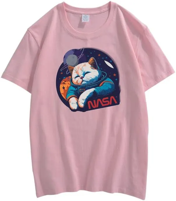 CORIRESHA Teen Cute Cat NASA Round Neck Short Sleeve Loose Space T-Shirt