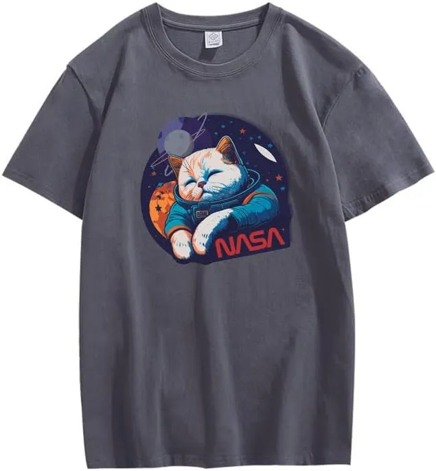 CORIRESHA Teen Cute Cat NASA Round Neck Short Sleeve Loose Space T-Shirt