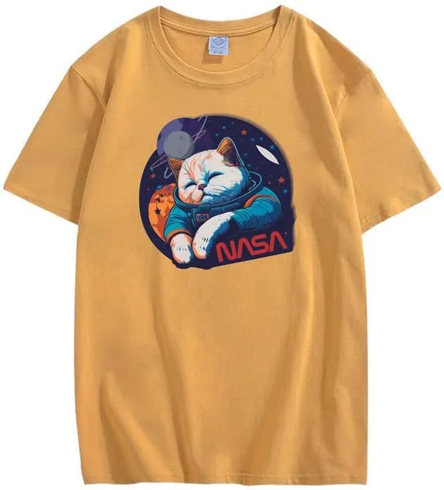 CORIRESHA Teen Cute Cat NASA Round Neck Short Sleeve Loose Space T-Shirt