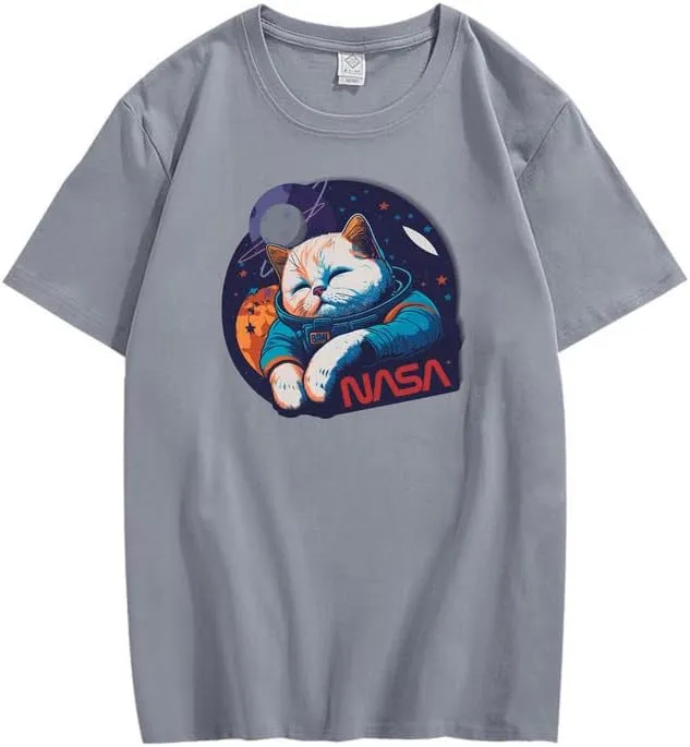 CORIRESHA Teen Cute Cat NASA Round Neck Short Sleeve Loose Space T-Shirt