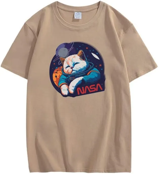 CORIRESHA Teen Cute Cat NASA Round Neck Short Sleeve Loose Space T-Shirt