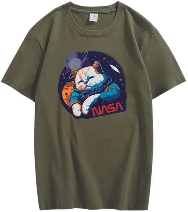 CORIRESHA Teen Cute Cat NASA Round Neck Short Sleeve Loose Space T-Shirt