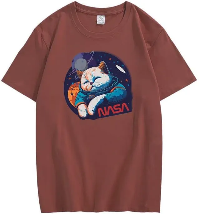 CORIRESHA Teen Cute Cat NASA Round Neck Short Sleeve Loose Space T-Shirt