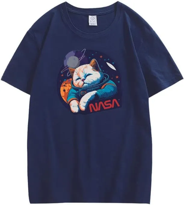 CORIRESHA Teen Cute Cat NASA Round Neck Short Sleeve Loose Space T-Shirt