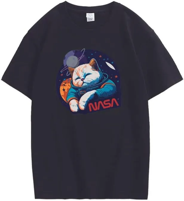 CORIRESHA Teen Cute Cat NASA Round Neck Short Sleeve Loose Space T-Shirt