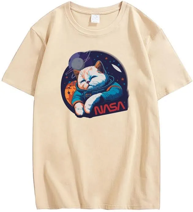 CORIRESHA Teen Cute Cat NASA Round Neck Short Sleeve Loose Space T-Shirt