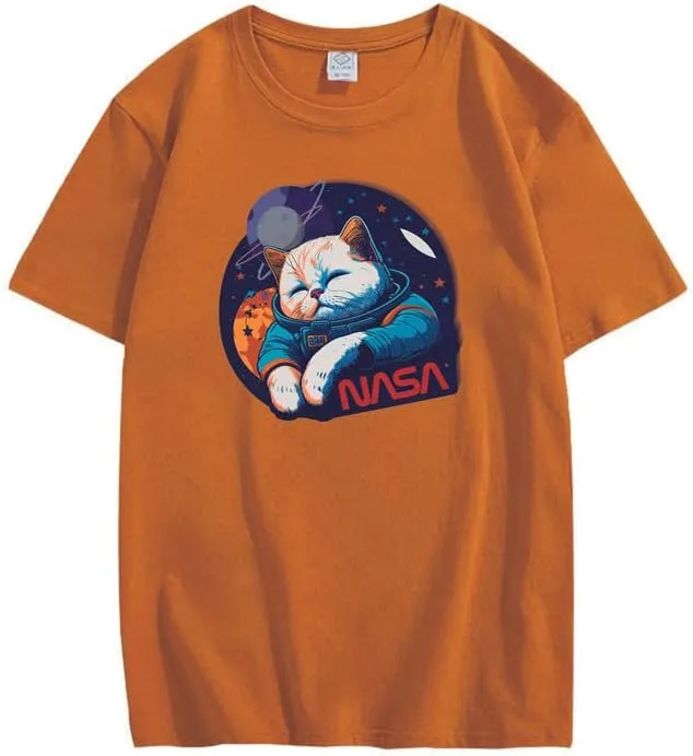 CORIRESHA Teen Cute Cat NASA Round Neck Short Sleeve Loose Space T-Shirt