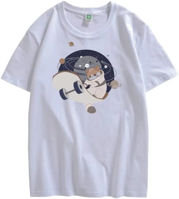 CORIRESHA Teen Cute Cat Skateboard Round Neck Short Sleeve Loose Space T-Shirt