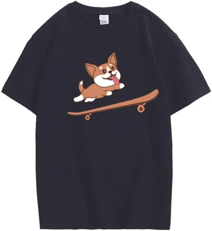 CORIRESHA Teen Cute Shiba Inu Dog Skateboard Round Neck Short Sleeves Cozy T-Shirt