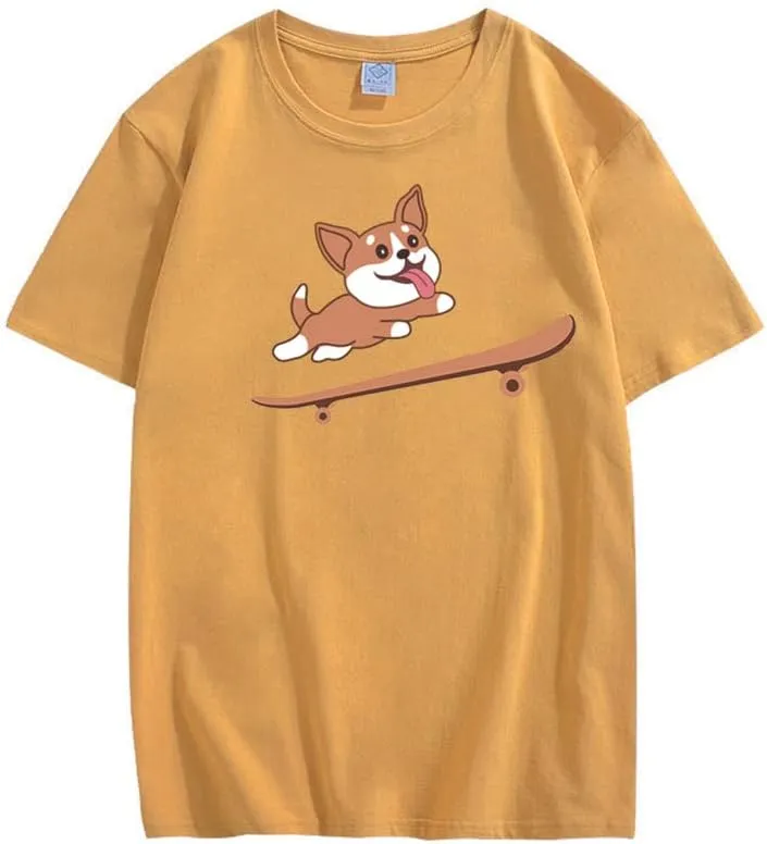 CORIRESHA Teen Cute Shiba Inu Dog Skateboard Round Neck Short Sleeves Cozy T-Shirt