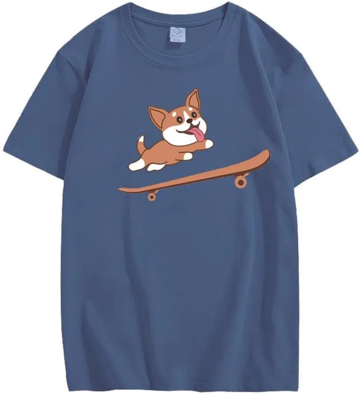 CORIRESHA Teen Cute Shiba Inu Dog Skateboard Round Neck Short Sleeves Cozy T-Shirt