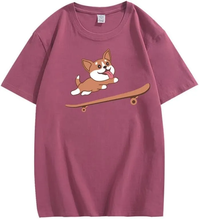 CORIRESHA Teen Cute Shiba Inu Dog Skateboard Round Neck Short Sleeves Cozy T-Shirt