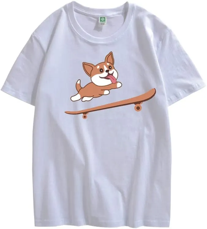 CORIRESHA Teen Cute Shiba Inu Dog Skateboard Round Neck Short Sleeves Cozy T-Shirt