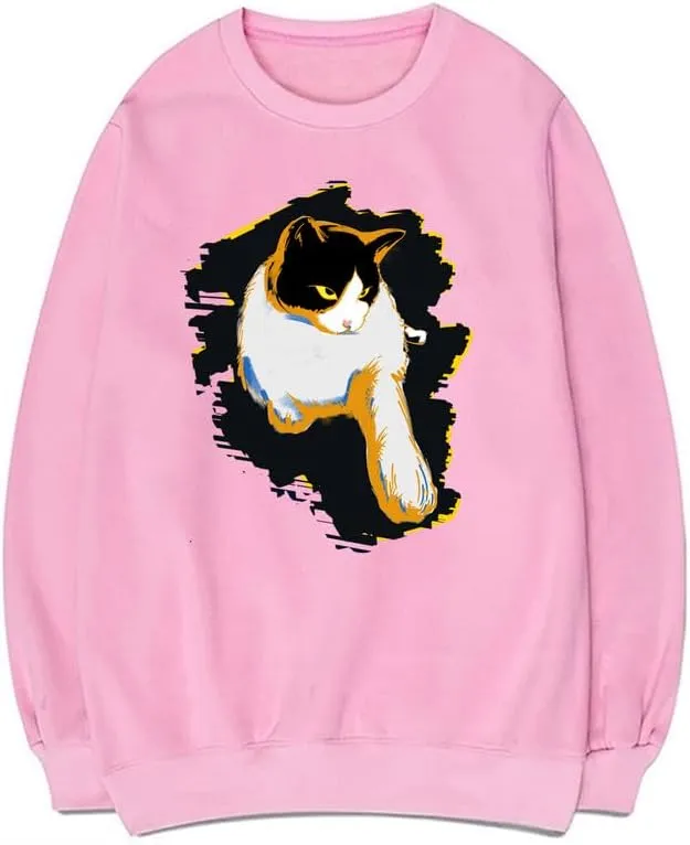 CORIRESHA Unisex Cute Cat Crewneck Long Sleeve Casual Basic Comfortable Pullover Sweatshirt