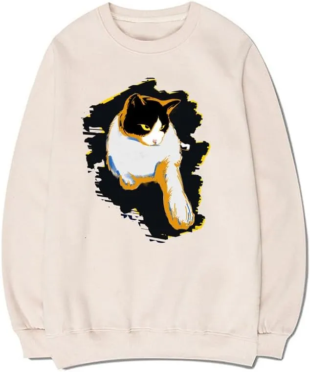 CORIRESHA Unisex Cute Cat Crewneck Long Sleeve Casual Basic Comfortable Pullover Sweatshirt