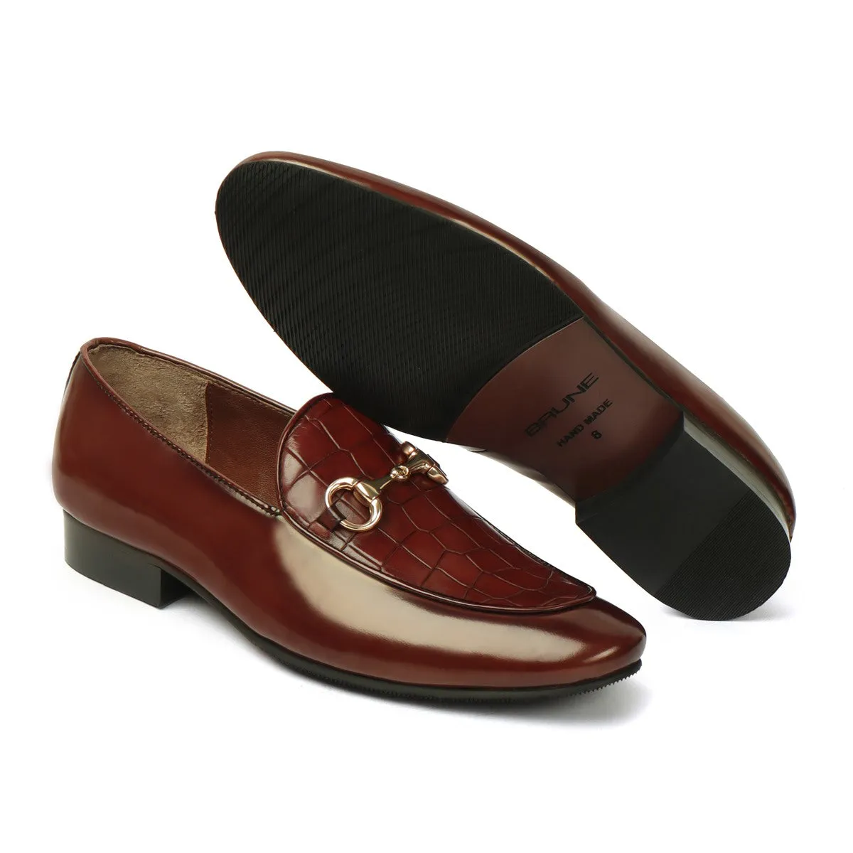 Dark Brown Patent Loafers with Deep Cut Croco Leather at Vamp