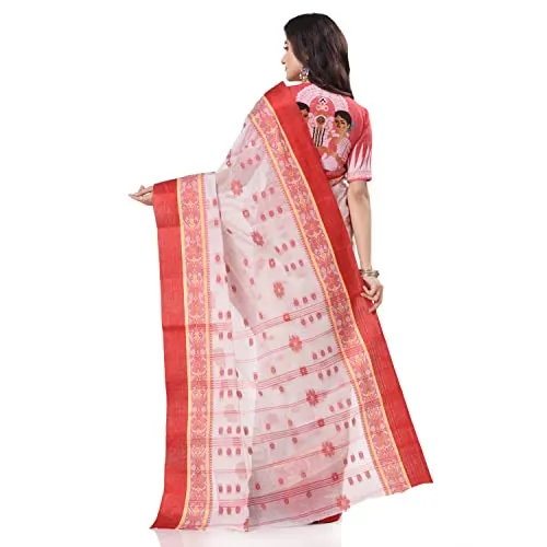 Db Desh Bidesh Women's Tant Cotton Saree Without Blouse Piece (Dbphulkoli060822_White Red)