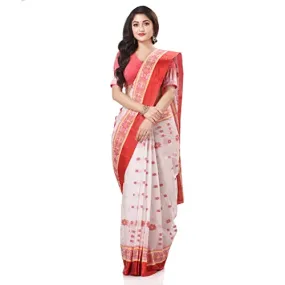 Db Desh Bidesh Women's Tant Cotton Saree Without Blouse Piece (Dbphulkoli060822_White Red)