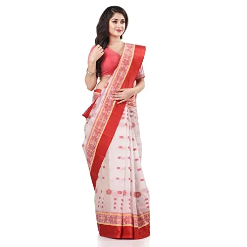 Db Desh Bidesh Women's Tant Cotton Saree Without Blouse Piece (Dbphulkoli060822_White Red)