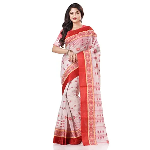 Db Desh Bidesh Women's Tant Cotton Saree Without Blouse Piece (Dbphulkoli060822_White Red)