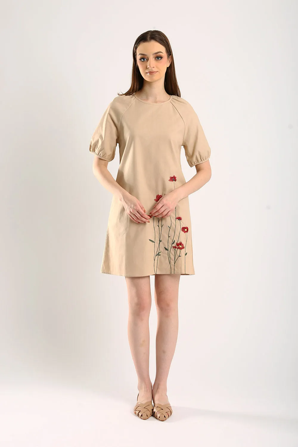 Embroidered Linen Shift Dress in Light Khakis