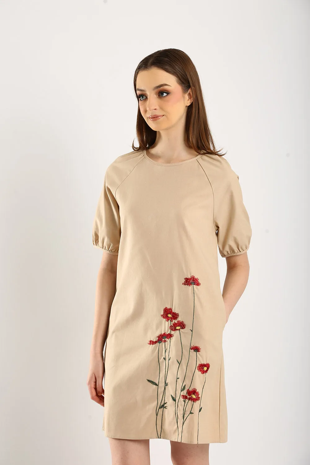 Embroidered Linen Shift Dress in Light Khakis