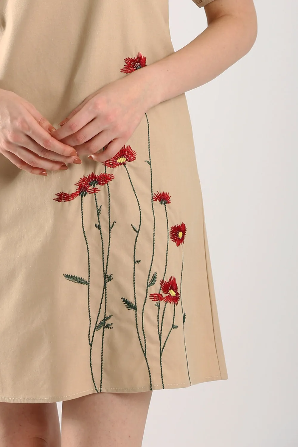 Embroidered Linen Shift Dress in Light Khakis