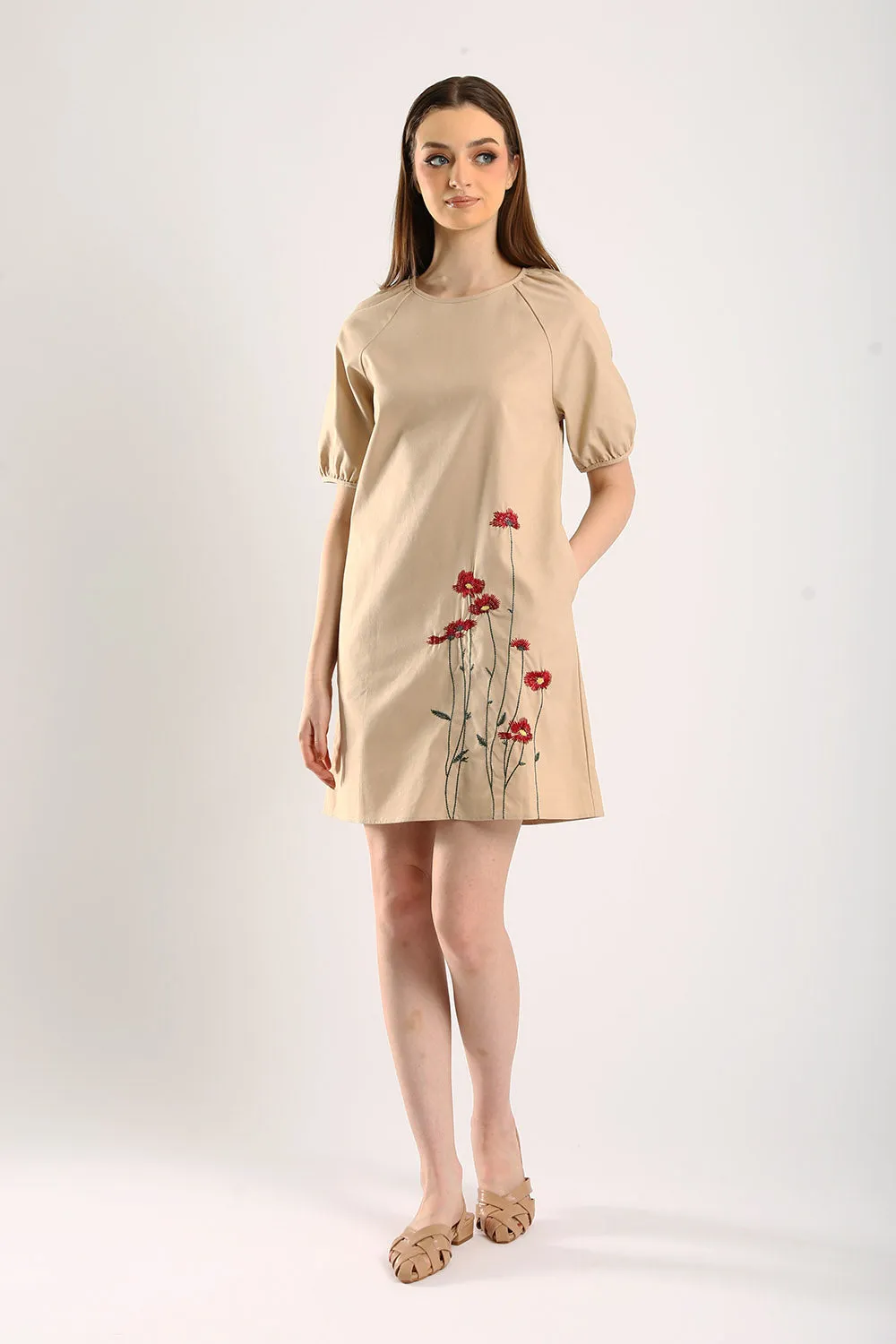 Embroidered Linen Shift Dress in Light Khakis